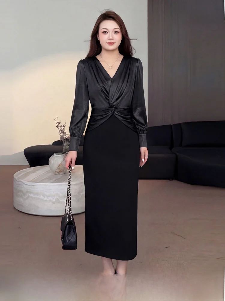 

Ele plus Size Women's Dr Knot Waist Slimming Long Spring New Sle Korean Version High Waist Polyester Fiber V-Ne