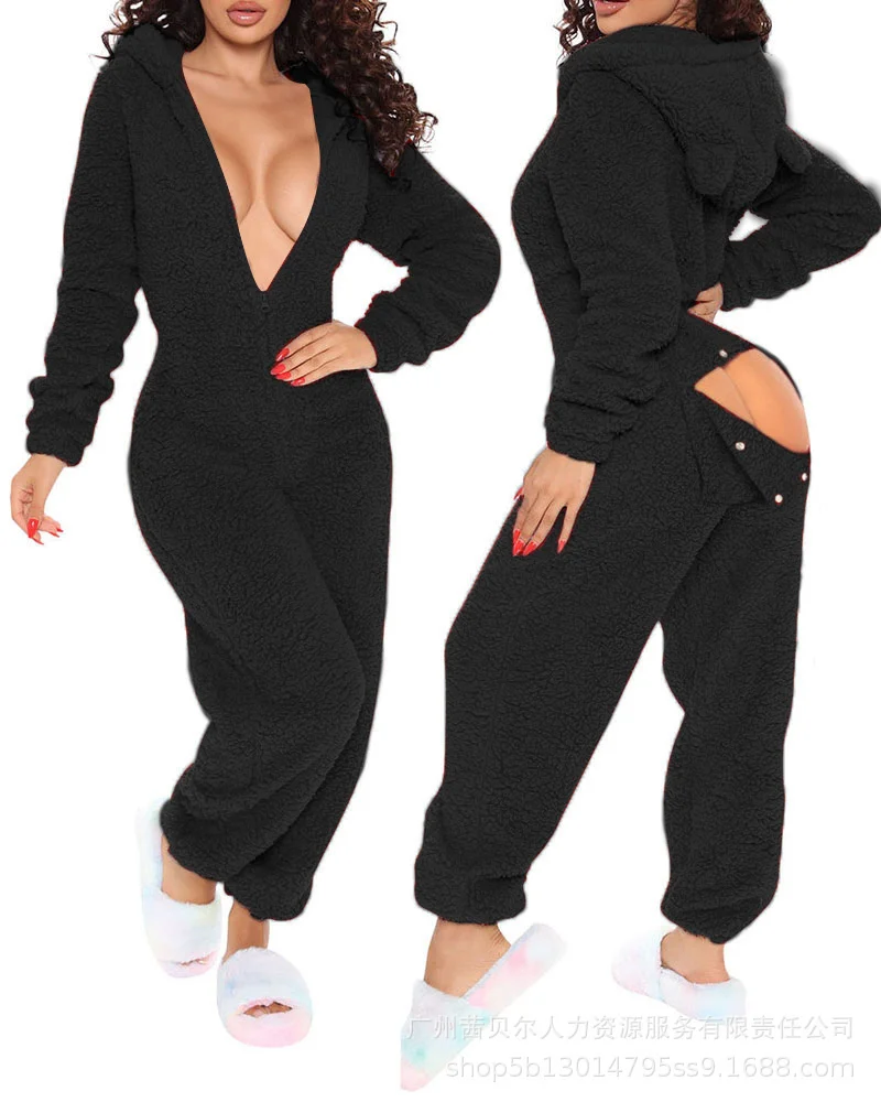 Homewear Pajamas Jumpsuits Women Autumn Winter Long-sleeved Hooded Trousers Rompers Plush Loungewear Pajamas Jumpsuit Outfits