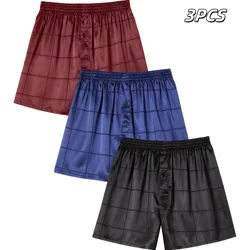 3pcs Men's Underwear Satin Check Antibacterial Solid Casual Boxer Shorts Breathable Comfy Stretchy Home Briefs