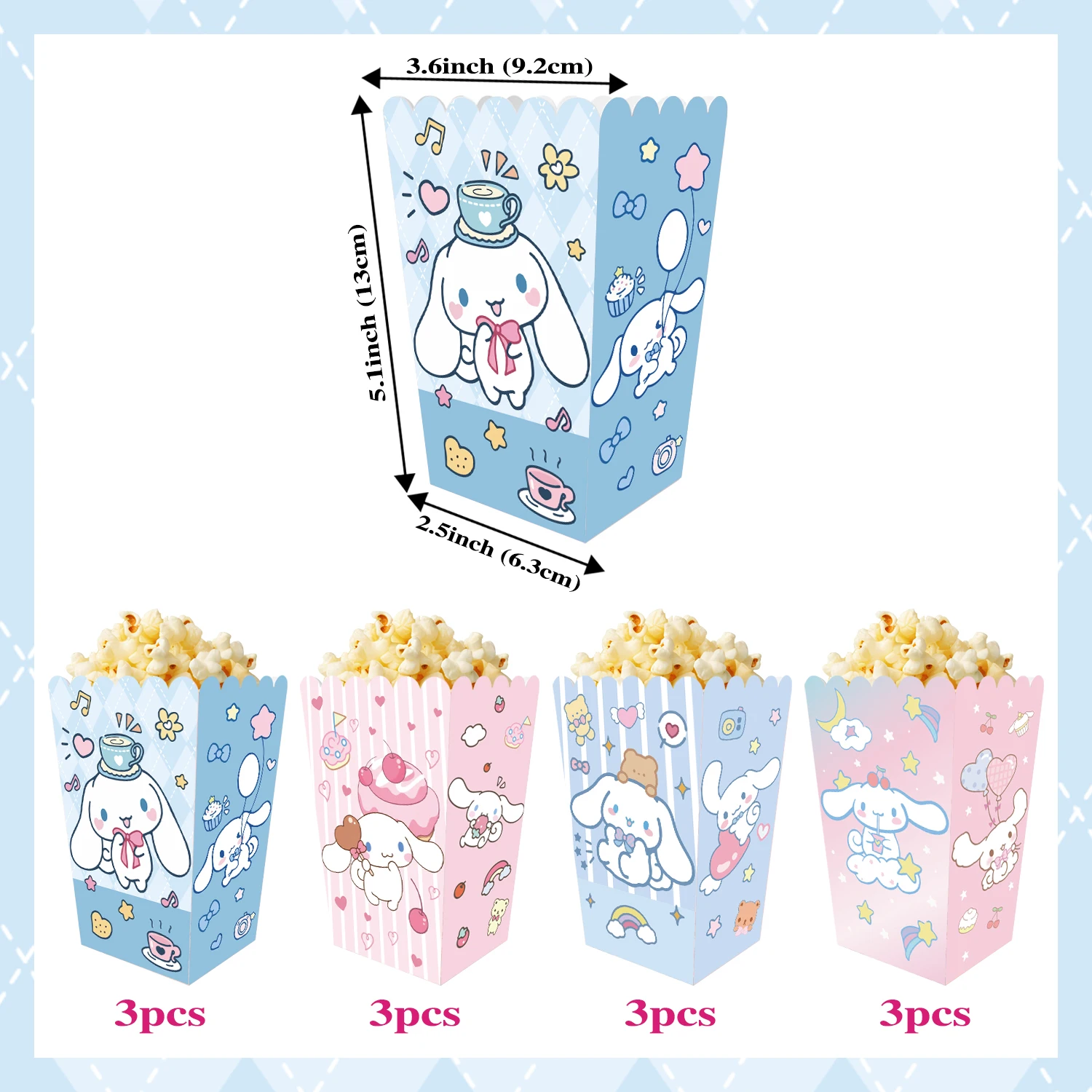 12/24 قطعة لوازم الحفلات سينامورول صندوق الفشار حمام الطفل صندوق البسكويت حفلة مرحبا كيتي موضوع حفلة عيد ميلاد عبوة طعام