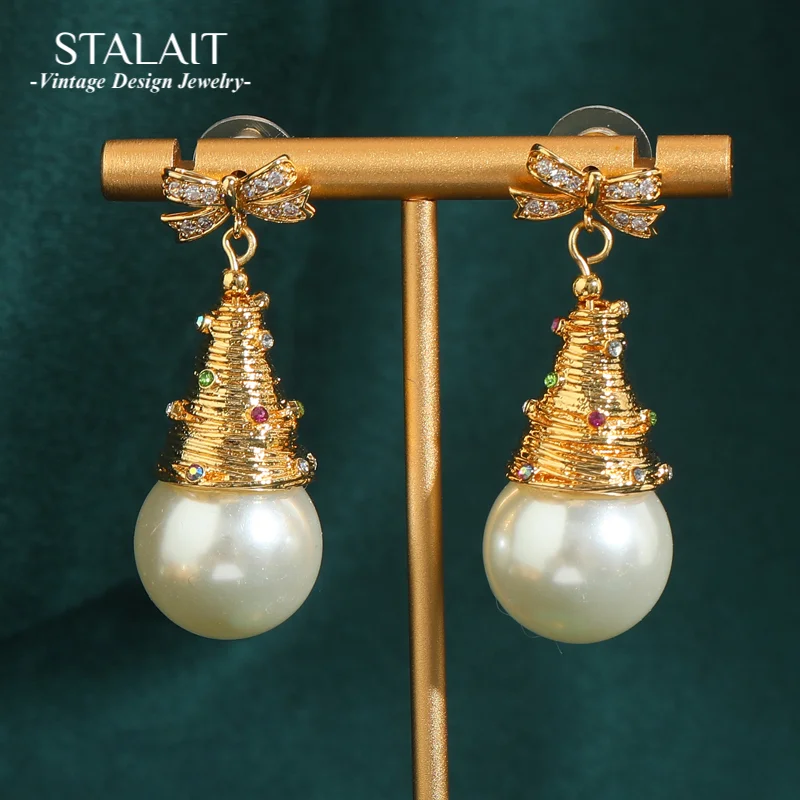 

Gold Color Bowknot Pearl Earrings Freshwater Drop Luxury Designer Statement Vintage Dangle Antique Jewelry For Woman Wedding