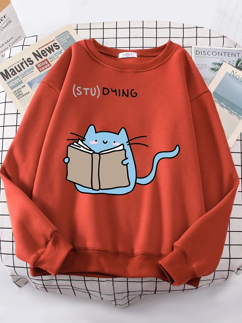 Females Sweatshirts Love Studing Cute Cat Printed Tops Womens Korean Fashion Oversize Sweater Kawaii Animal 2022 New Lady Hoodie