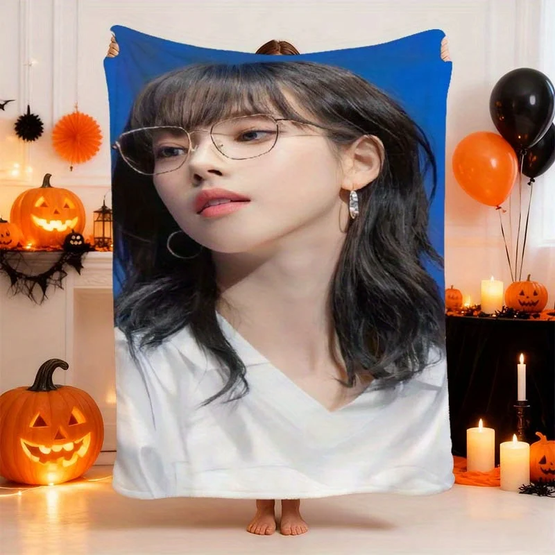 1pc Korean Actress-Inspired Plush Blanket - Soft Flannel All-Season Bedspread with Karina's Iconic Glasses & Hairstyle