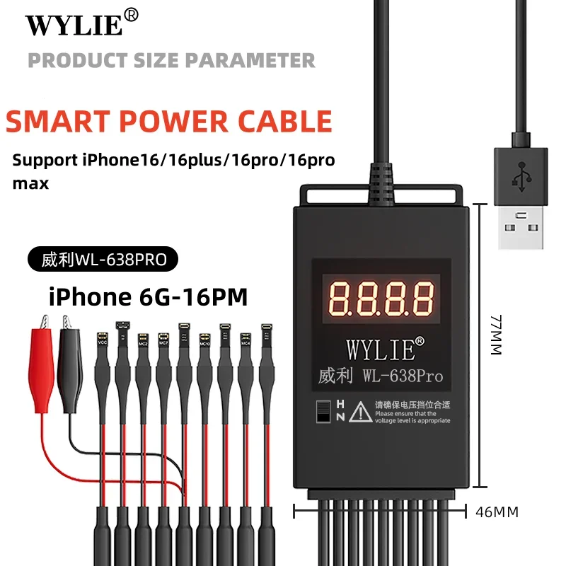 WYLIE WL-638Pro Smart Power Supply Cable USB Precise Crrent Rcognition for IPhone 6-16PM Android Battery Boot Line Repair Tool