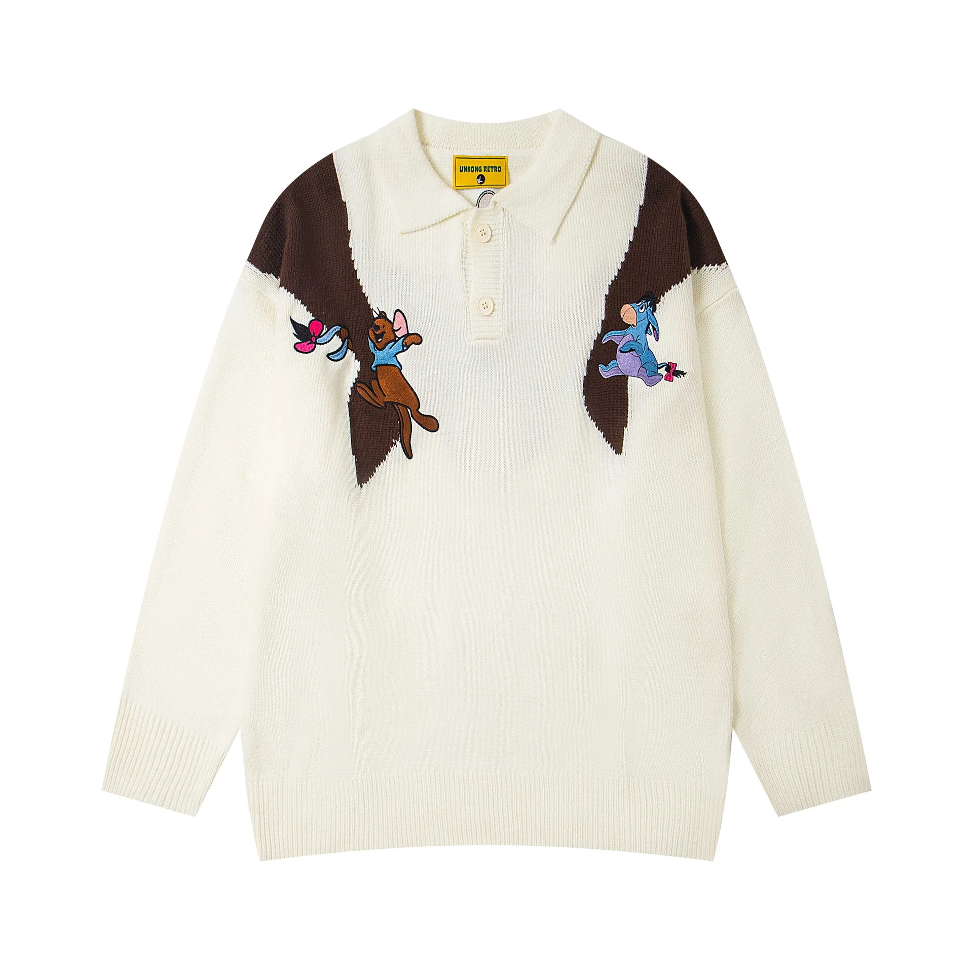 미국 레트로 베어 컬러 블록 라펠 스웨터 유니섹스 가을 루즈 캐주얼