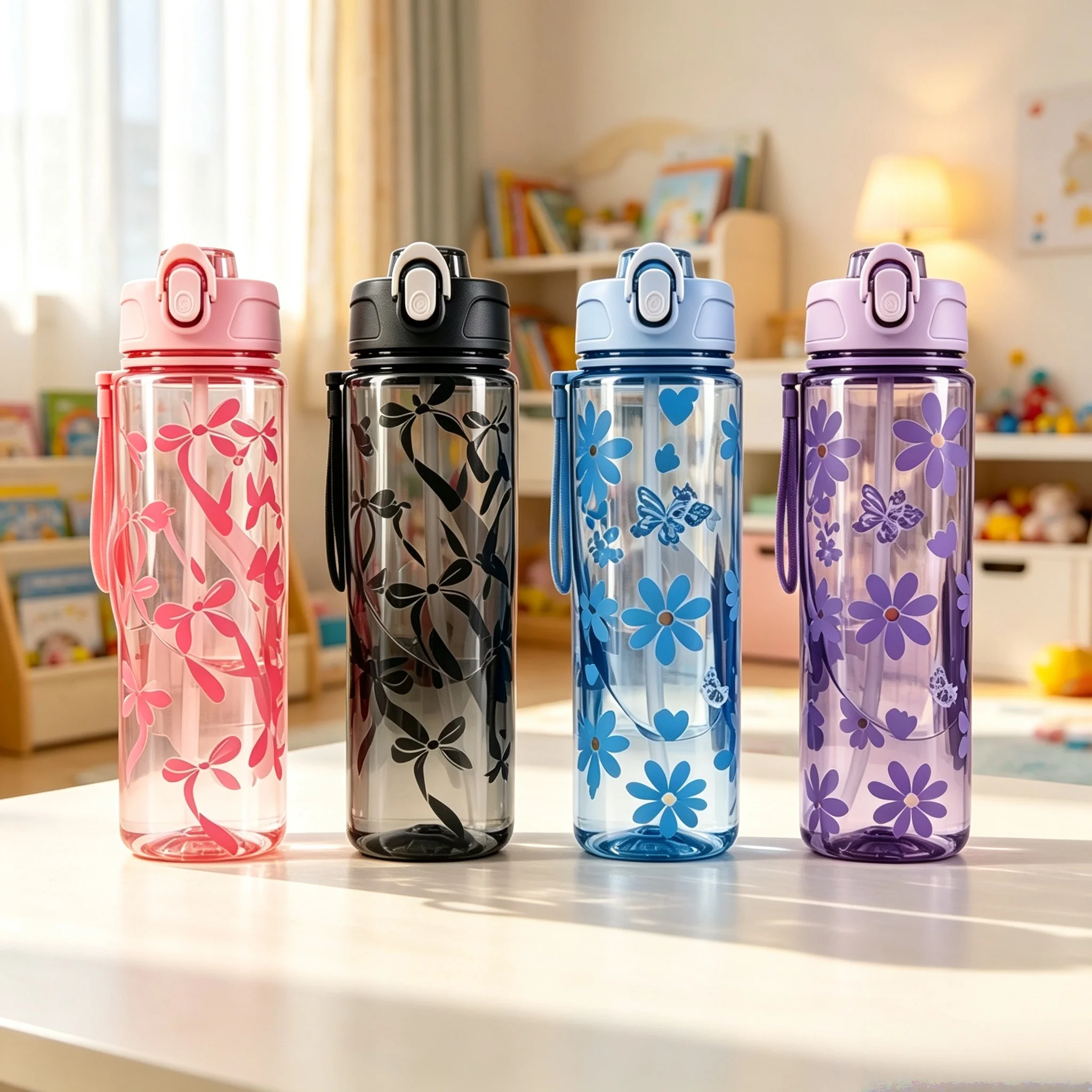 750ML Transparent Flower Print High-Aesthetic Plastic Water Bottle, New Large Capacity Fitness Cup, Suitable for Indoor Outdoor