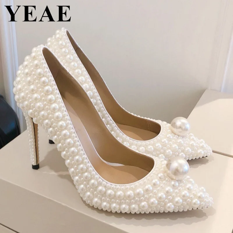 New Women Sandals Fashion Full White Pearl Stud Wedding Shoes Bride Women Luxury Peep Toe High Heels Buckle Woman Party Sandals