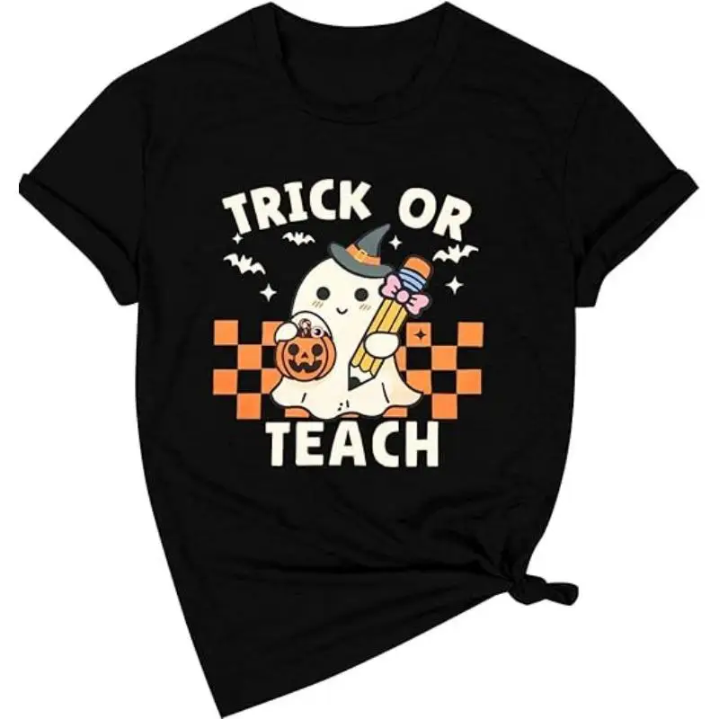 

Trick or Teach T-Shirt Women's Halloween Ghost Graphic Tees Funny Teacher Appreciation Gift Back to School Top
