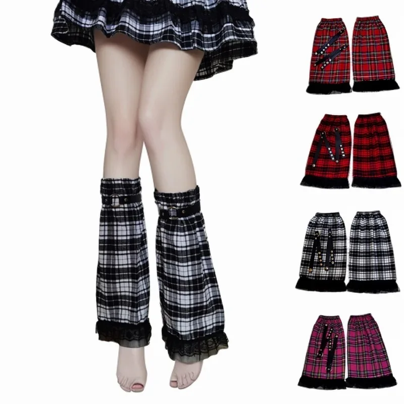 Gothic Socks For Women Y2k Style Plaid Lace Patchwork Long Hosiery Casual Street Leg Warmers With Pu Strap 2025 Spring Summer