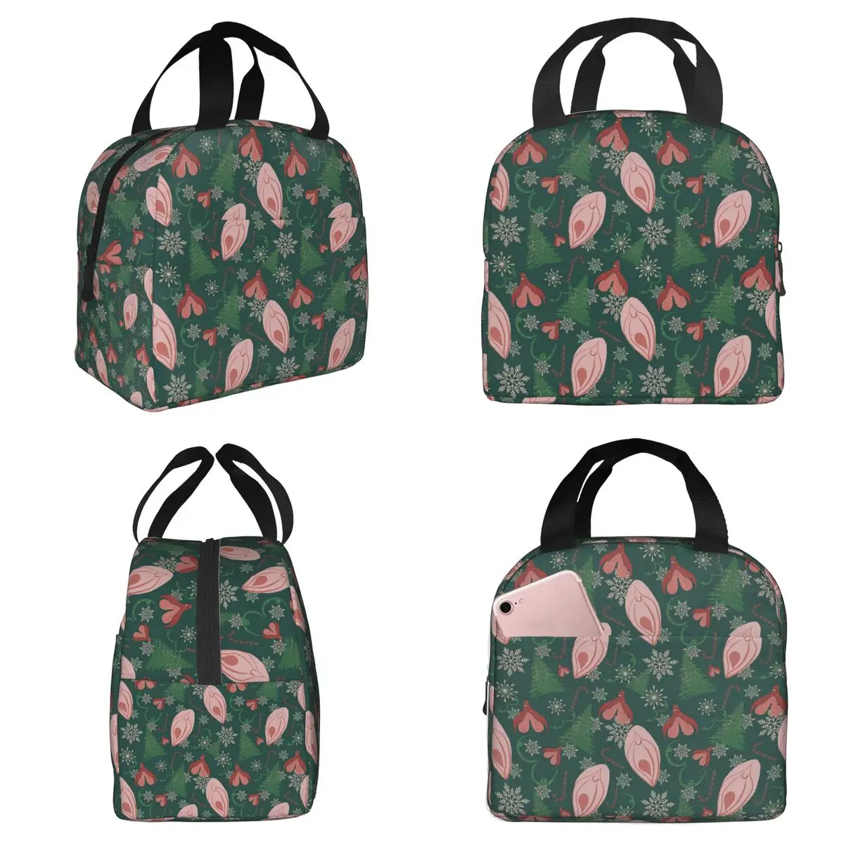 

Зеленая термосумка для обедов с рождественским узором для женщин, офисная термосумка-холодильник, портативный контейнер для еды