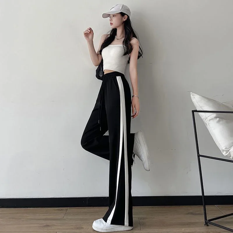 

Black Striped Wide Leg Pants Women Casual All Match Streetwear Loose Trousers Korean Fashion High Waist Sweatpants Ladies New