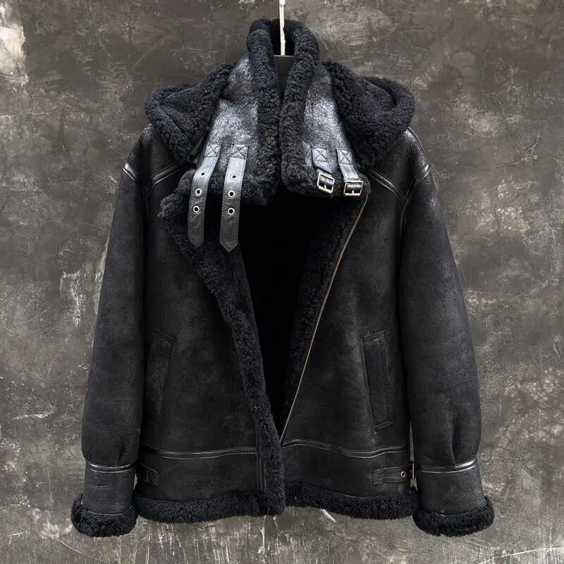 

New Winter Thick Casual Hooded Outwear Men's Flight Suit Slim Genuine Leather Jacket Male Fashion Motorcycle Tide Lamb Fur Coats