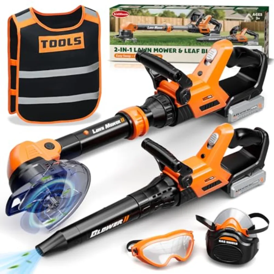 

Gardening Tools Set with Vest 2-in-1 Lawn Mower Leaf Blower with Lights and Sounds Toy Weed Wacker with Goggles and Mask Outdoo