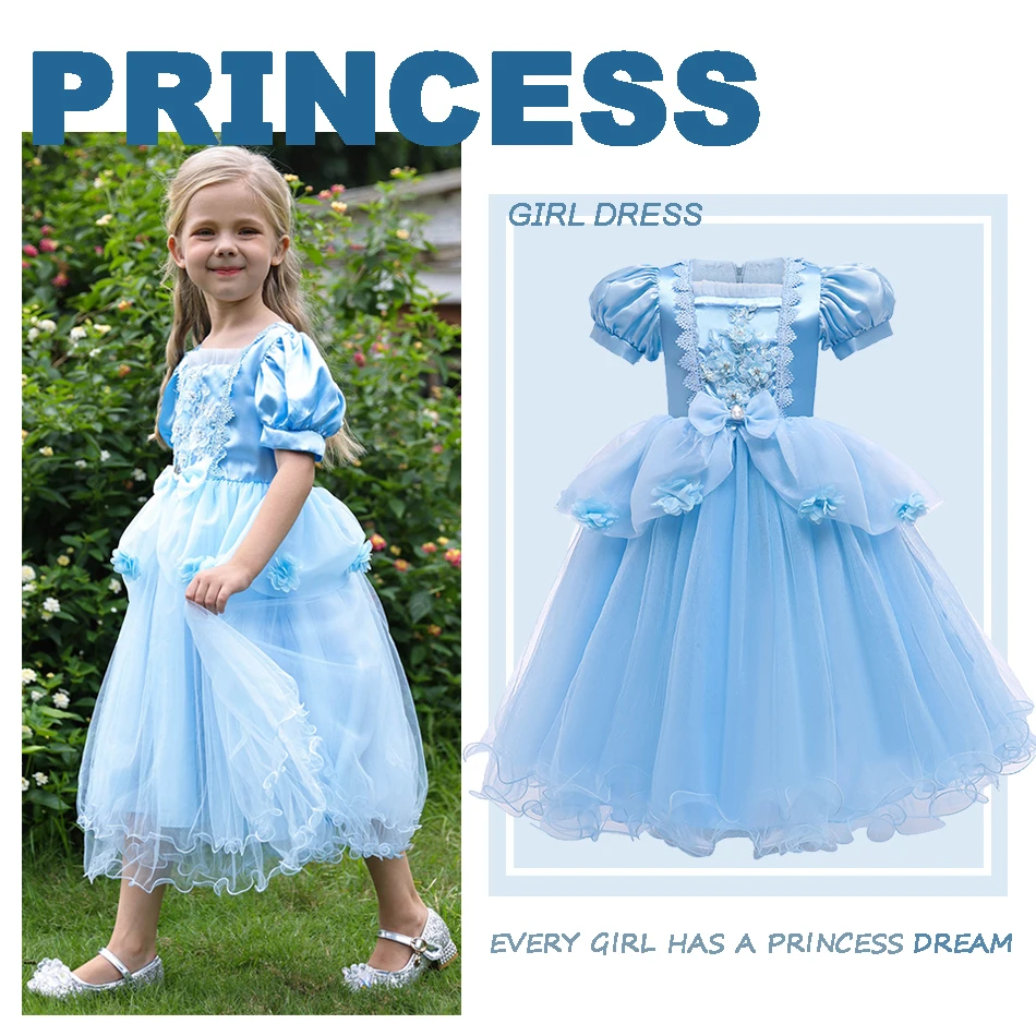 Girl Blue Princess Dress Cinderella Cosplay Costume Children Flower Decoration Puff Sleeve Mesh Gown Fancy Birthday Party Dress