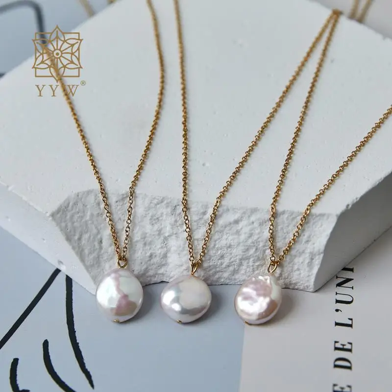 Luxury 12mm Freshwater Pearl Oval Chain Necklace With 2 Inch Extender Stand For Women 18k Gold Plated Titanium Steel Jewelry 1pc