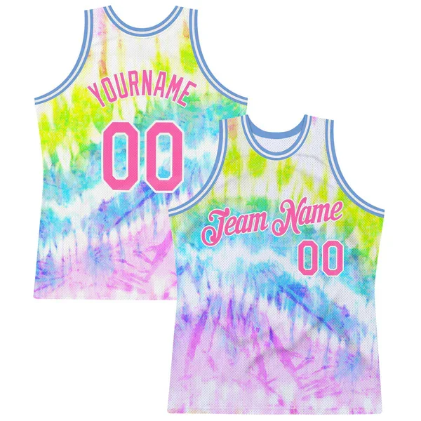 Custom Tie Dye Light Blue-White 3D Authentic Basketball Jersey