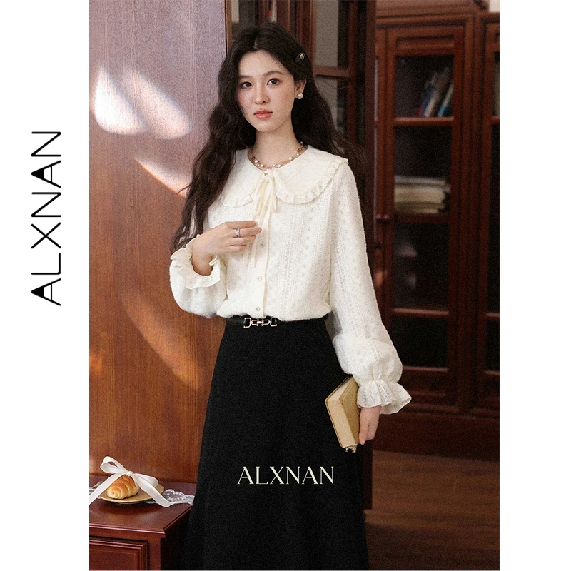 

ALXNAN Apricot Shirt Women's French Style Doll Collar Bow Cute Long Sleeve Blouse 2025 Fall Casual Loose-fit Tops Female L59227