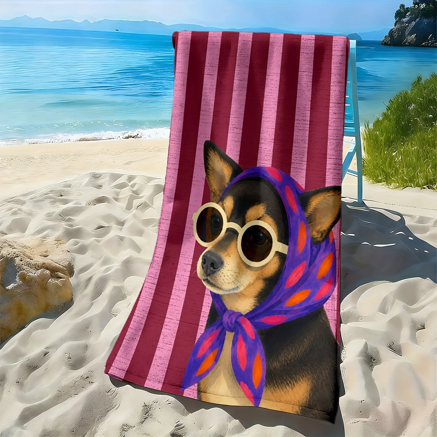 1pc, Fashionable Fashion Glasses Headscarf-Style Cute Dog Image Soft Beach Towel, Striped and Colorful Pattern Print