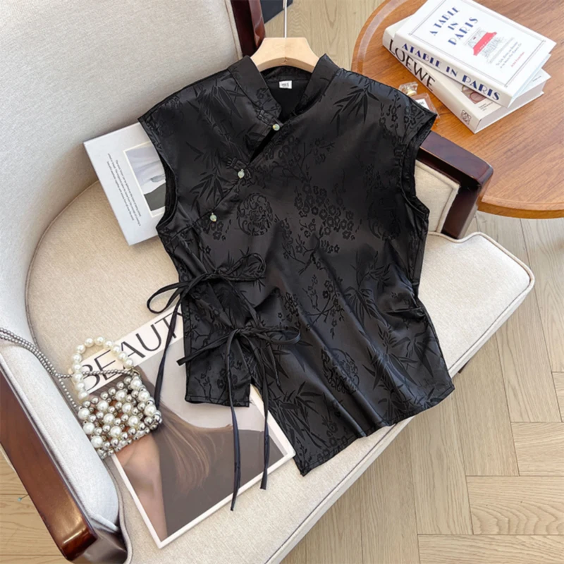 

New Chinese Sle Hanfu Top Women's Summer Design Bla Waist-Cinching Svel Buttoned Small irt National Trend