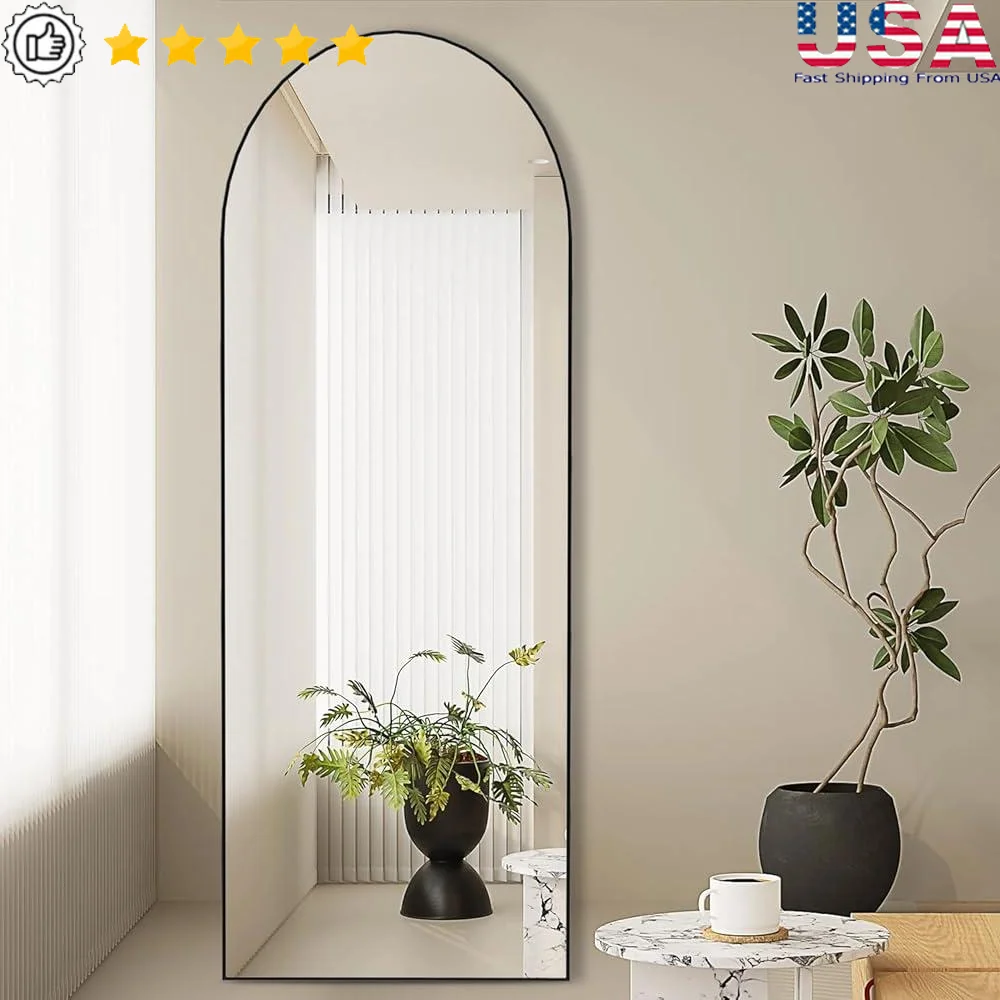 Arched Full Length Mirror Standing Leaning Shatterproof Glass Aluminum Frame Large Dressing Mirror Bedroom Living Room Bathroom