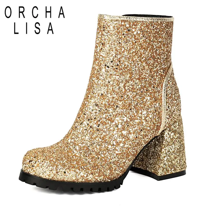 

ORCHA LISA 2025 Новый дизайн блестящих ботильонов для женщин с круглым носком на блочном каблуке 8,5 см на молнии Мода для свиданий Bota Плюс Размер 46 47 48