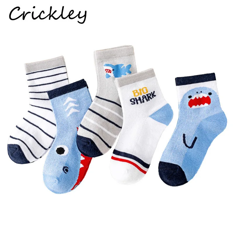 5Pairs/lot Cartoon Shark Children's Cotton Socks Spring Summer Mesh Boys Socks Soft Thin Breathable Kids Short Sock 1-13T