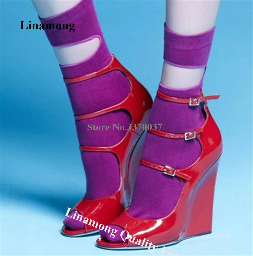 

Linamong Elegant Red Patent Leather Wedge Sandals Sexy Peep Toe Straps Cross Buckles Wedges Formal Party Heels Big Size