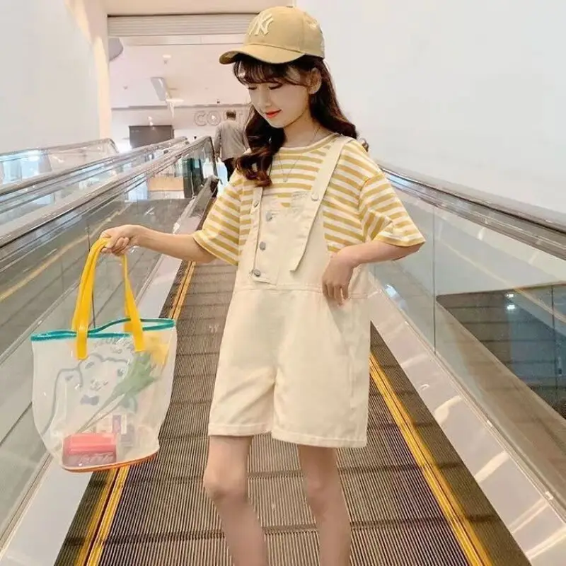 

2023 New Summer Cotton Kids Clothes Girls Stripe T-Shirt Tops+Suspender Button Dress 2pc Children's Clothing 4-14 Years