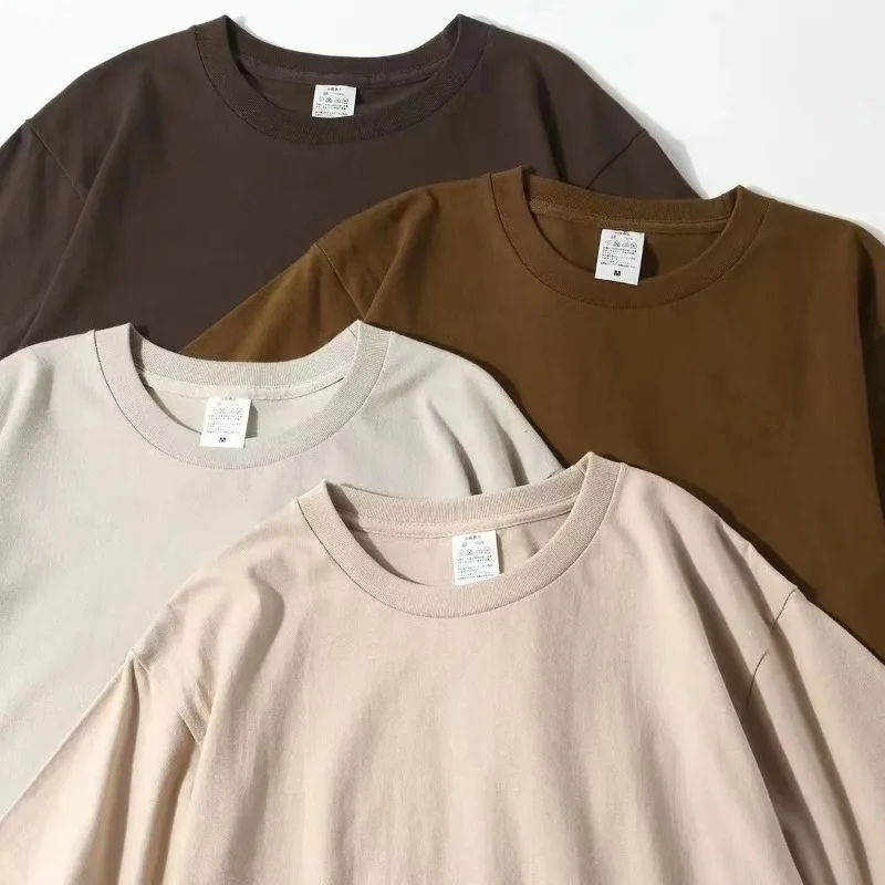 two-piece, pure cotton Japanese 360G heavy short-sleeved T-shirt men's summer pure cotton thick small neckline earth color