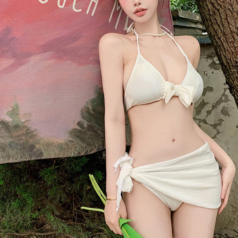 2024 Sexy Bikini Women's Backless High Waist Bustier Bowknot Sleeveless Solid Color Summer Three Piece Fashion Latest Separates