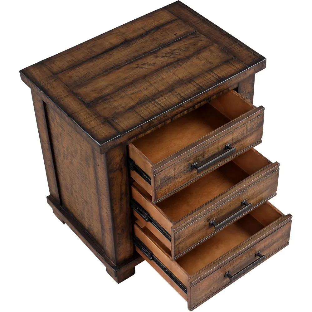 منضدة مزرعة ذات 3 أدراج، طاولة بجانب السرير من خشب الصنوبر المستصلحة، طاولة جانبية للأريكة مع مقابض معدنية عتيقة، Fu