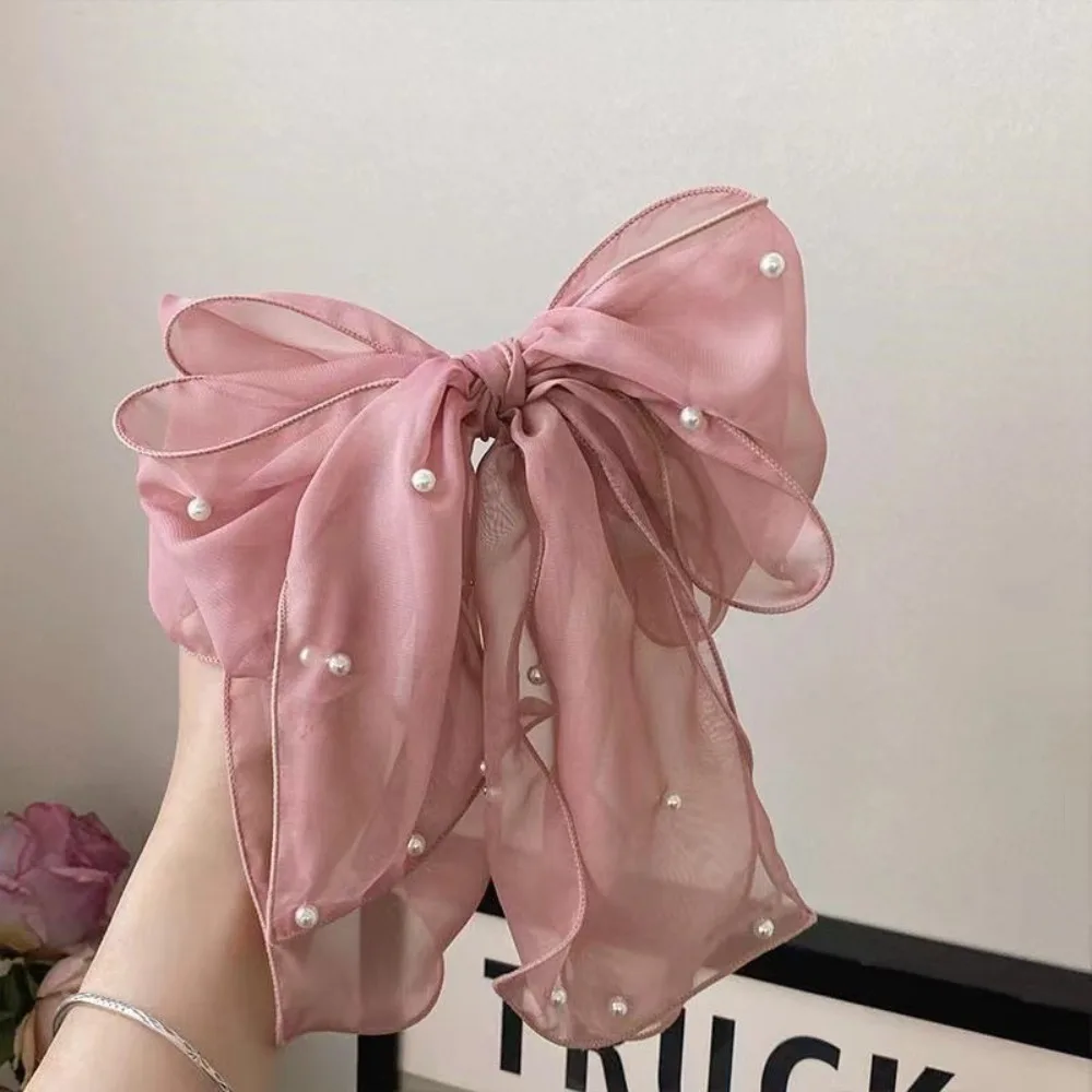 Elegant Oversized Net Yarn Hair Bow Clip for Women Korean Pearls Ribbon Bow Hairpin Elegant Ladies Fashion Headwear Accessories