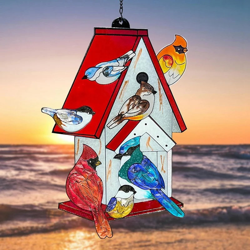 Stained Glass Window Hanging - Sun Catchers Indoor Window Cardinal Gifts,Hand-Painted Stained Glass Birdhouse Suncatcher