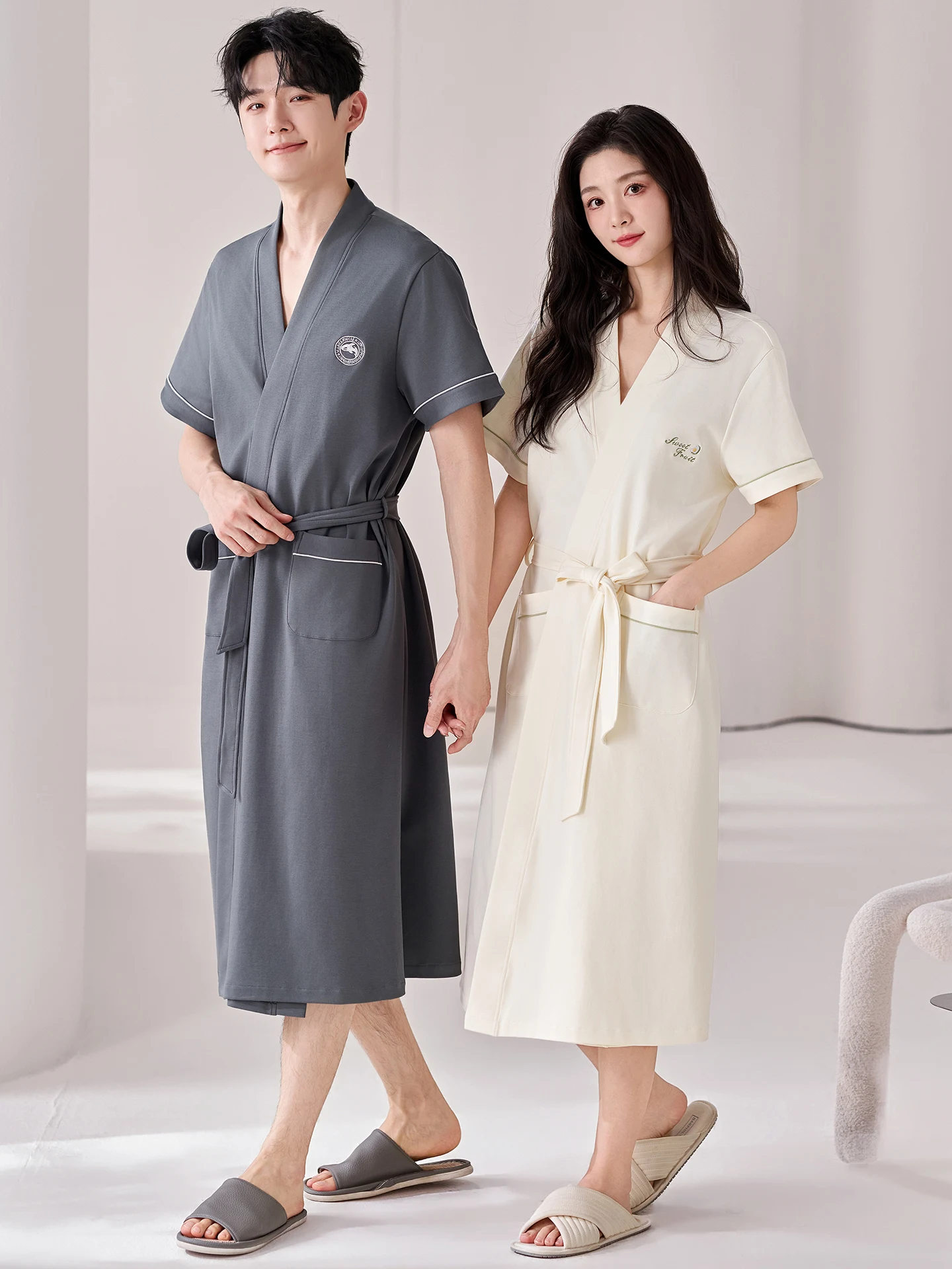 summer-cotton-pajamas-thin-short-sleeve-bathrobe-for-couples-youth-home-clothes-pure-color-long-length-casual-style-sleepwear