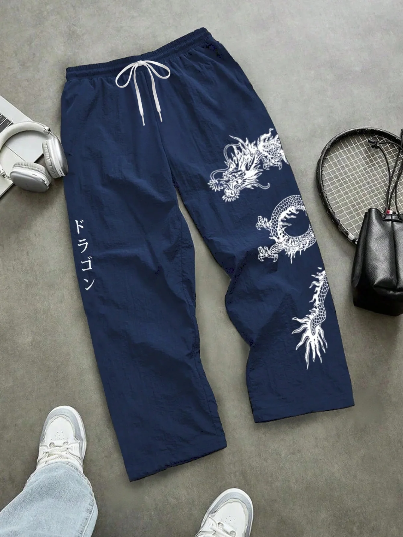 2026 Herren Frühling Sommer Drachen-Print Baggy Nylon-Hosen, Streetwear Jogger für Fitness & Alltag, Schwarz & Blau – Detail 9
