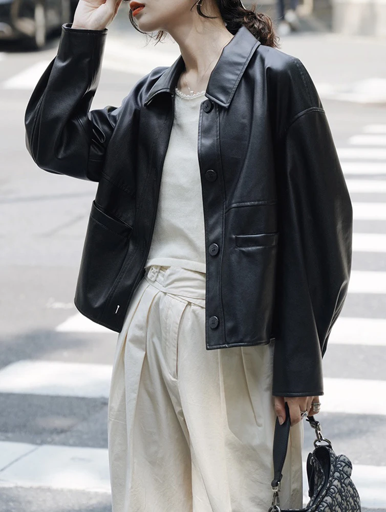 PU Leather Women Jacket French Style Retro Turn Down Collar Black Loose Single-breasted Short Coat Autumn Casual Outerwear
