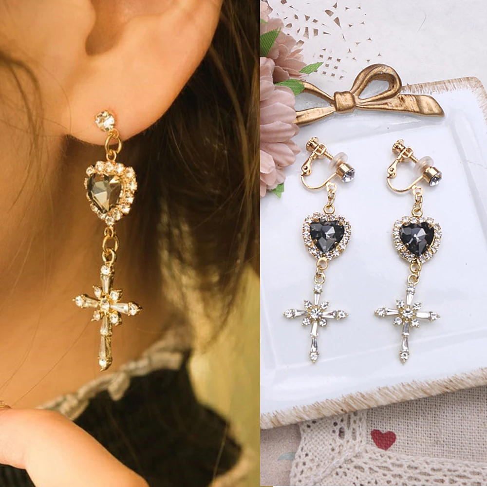 

Y2K Cross Tassel Hang Lolita Earrings Korean Japanese Soft Girl Earring Elegant Cross Drop Clip for No Ear piercing Earrings