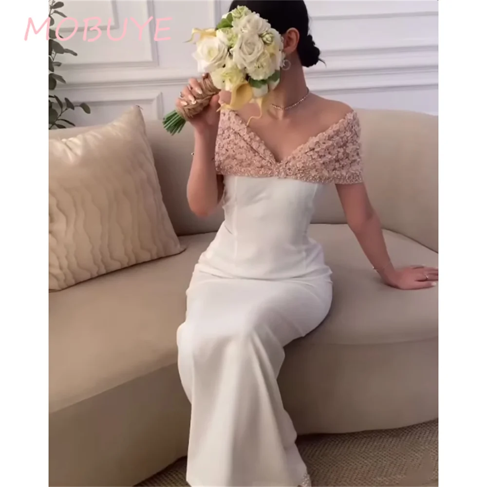 

MOBUYE 2024 Popular Off The Shoulder Prom Dress Floor-Length With Short Sleeves Evening Fashion Elegant Party Dress For Women