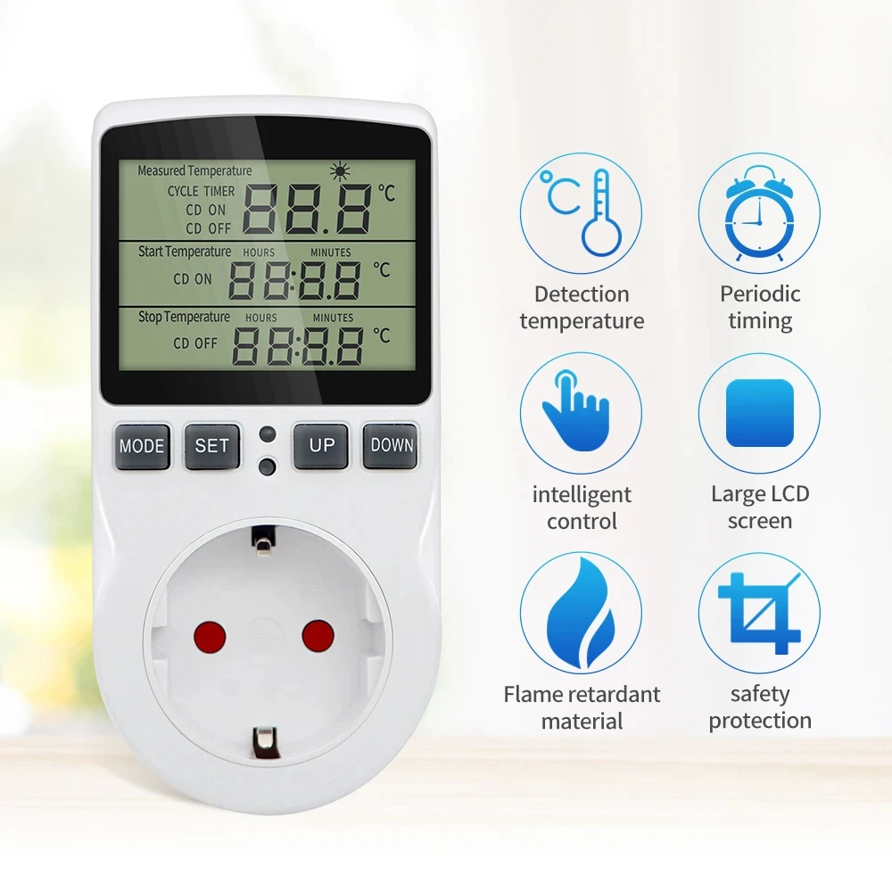 Digitaler Timer-Steckdose, Thermostat, digitaler Temperaturregler, Steckdose mit Timer-Schalter, Sensorsonde, Heizung, Kühlung, 220 V – Detail 3