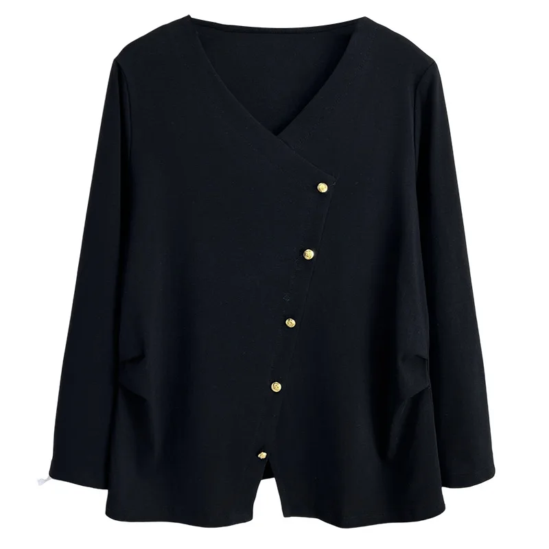 

XXXXL модная женская футболка больших размеров, новый осенний элегантный топ с наклонными пуговицами и длинными рукавами 2062