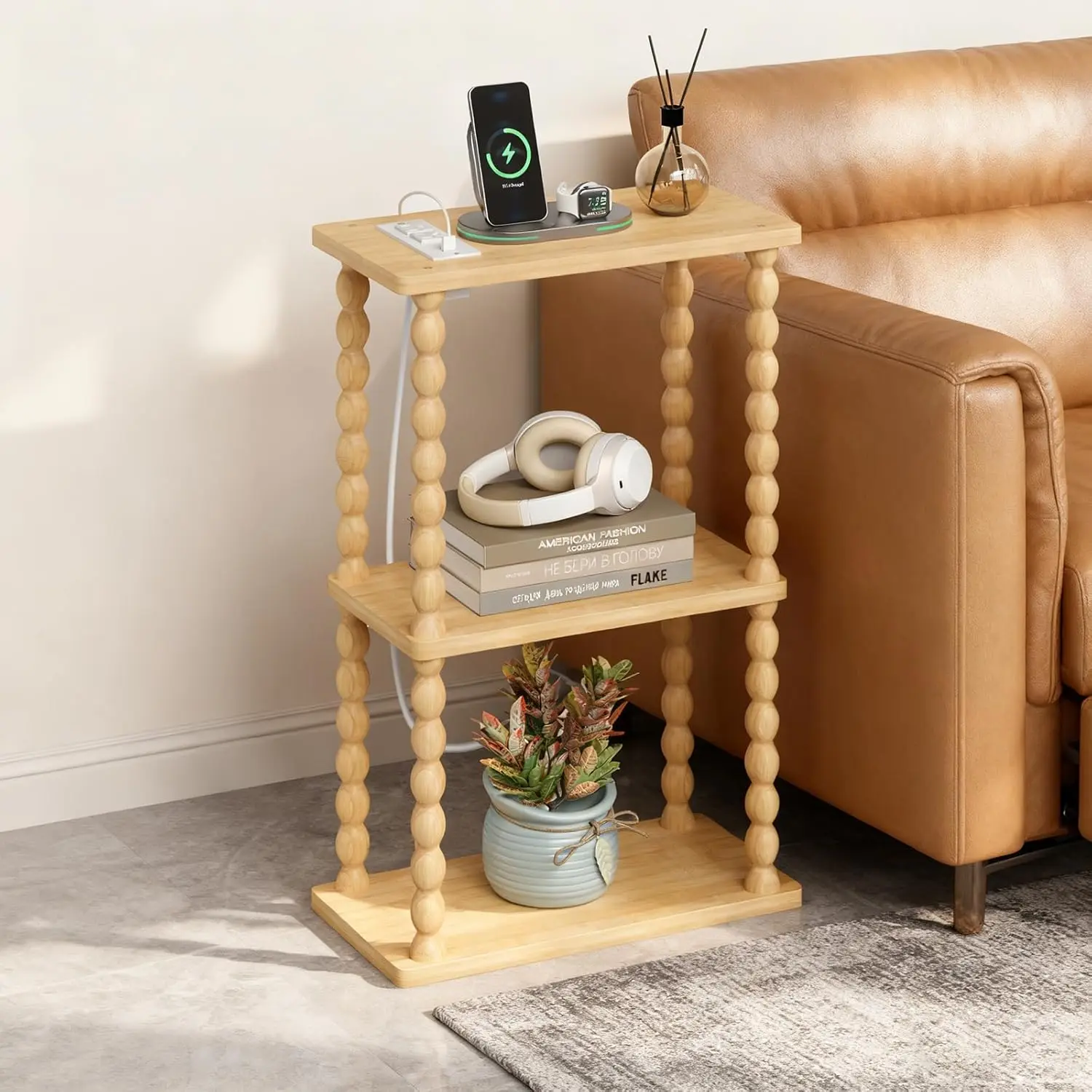 

Side Table with Charging Station, Small End Tables Living Room with USB Port and Outlet, 3-Tier Narrow Bamboo Bedside Table N
