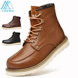 Men Boots Autumn Real Cowhide High Top Workwear Boots Version Thick Soled Lace Up Anti Slip Warm Waterproof Chunky Rhubarb Boots