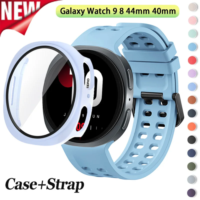Glass Case+Strap for Samsung Galaxy Watch 9 40mm 44mm Replacement Silicone Wristband Bracelet for Galaxy Watch 8 44mm 40mm