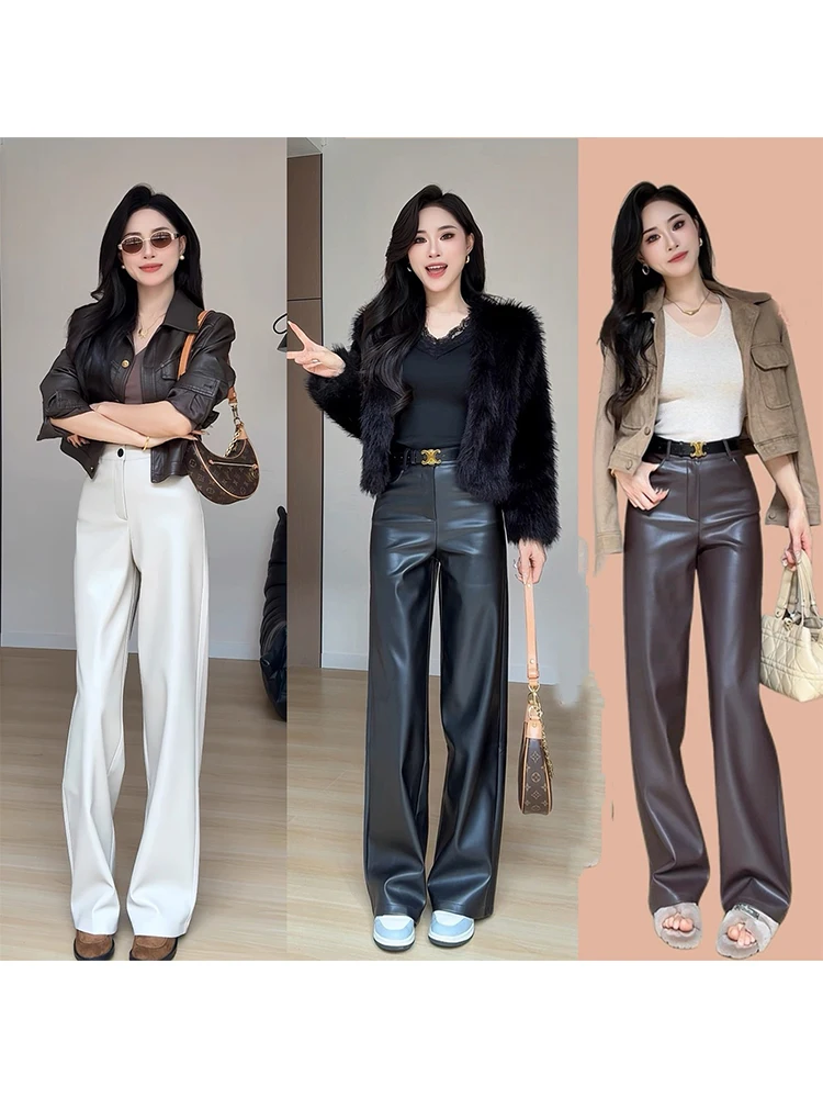 

Real eep Leather High Waist Straight Leg Casual Pants Women's Autumn Winter New Sle Slimming Loose Long Trousers