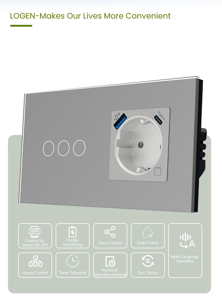 LOGEN ZigBee  Smart Sockets Touch Light Switch Energy Monitoring 1Way Glass Panel Switch Timer Schedule Tuya Need Neutral Wire