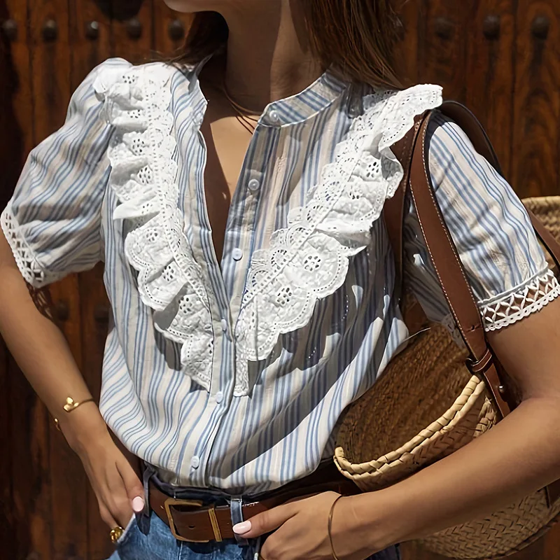 

Striped Shirts Patchwork Spliced Lace Tops Summer Office Lady Commuter Single Breated O Neck Ladies Sweety Women Chic T-Shirt