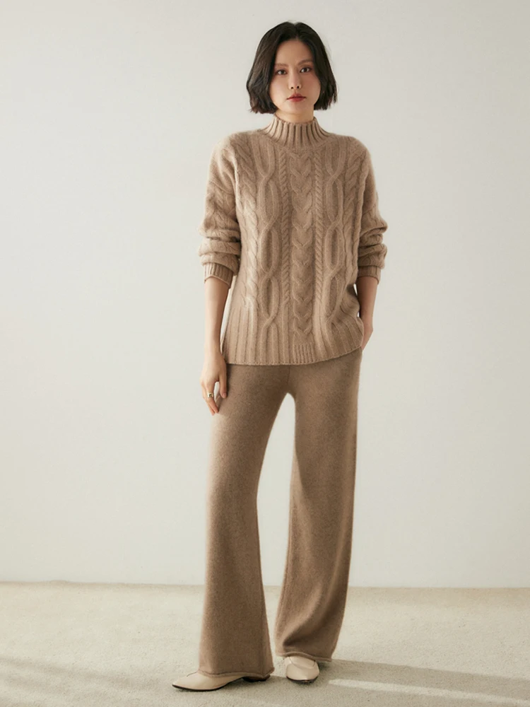 Heavyweight Women 100% Cashmere Sweater Mock Neck Pullover Cable Knitting Vintage Loose Style Cashmere Knitwear Autumn Winter