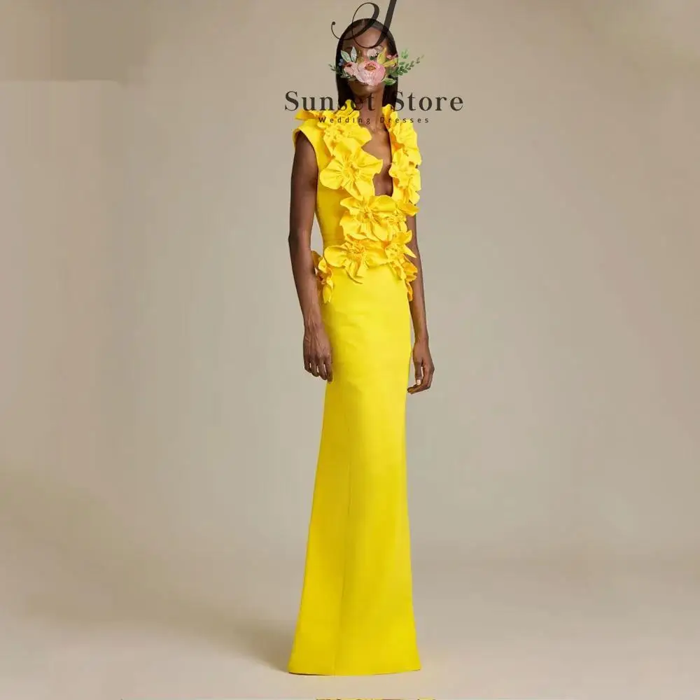 Customized  Yellow Deep V-Neck 3D Flowers Crepe Mermaid Prom dress 2025 Slim Sleeveless Floor-Length Formal Evening Dress