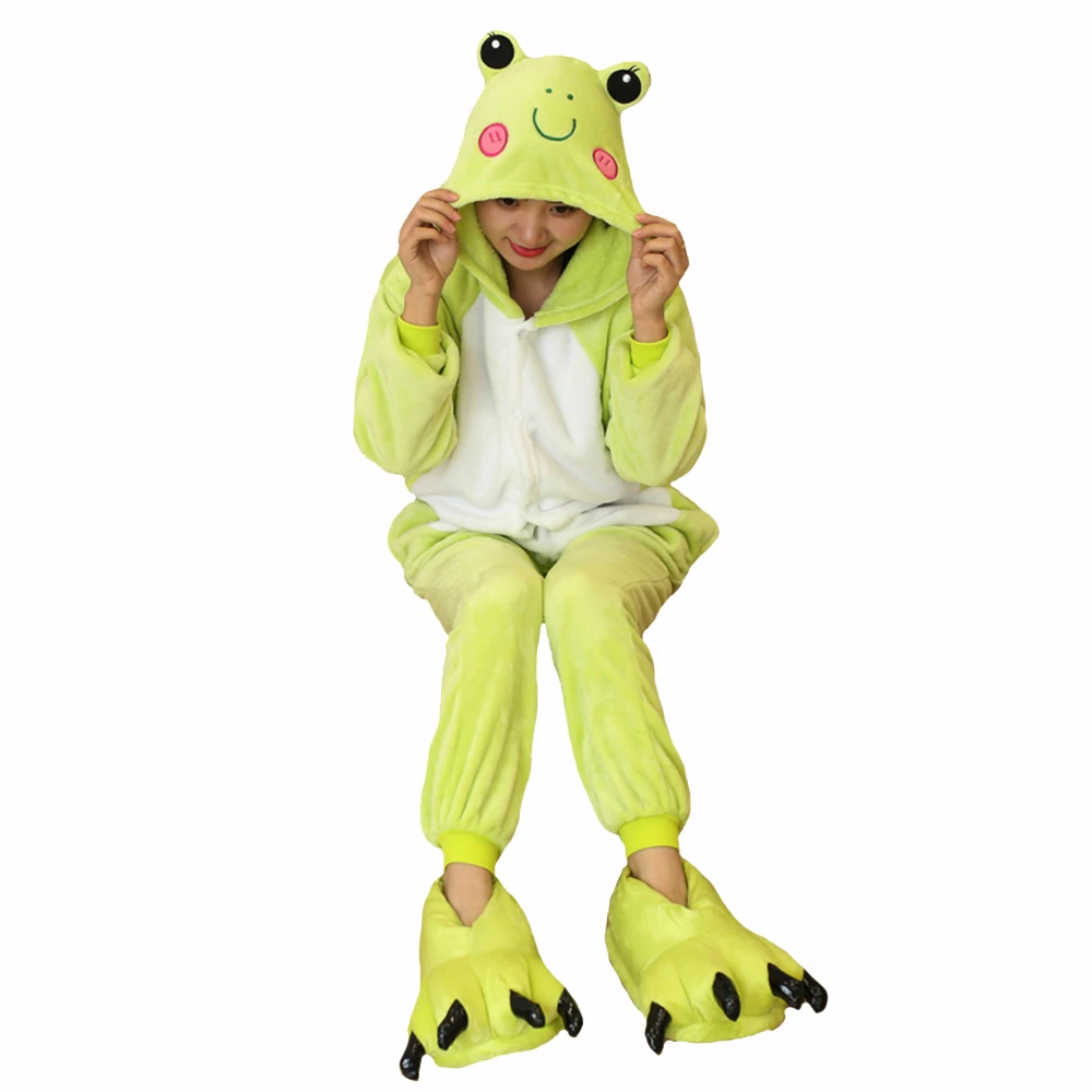 

Adult Fashion Personality Cute Light Green Frog Animal Jumpsuit Pajamas Autumn and Winter Warm Flannel Home Clothing for Women