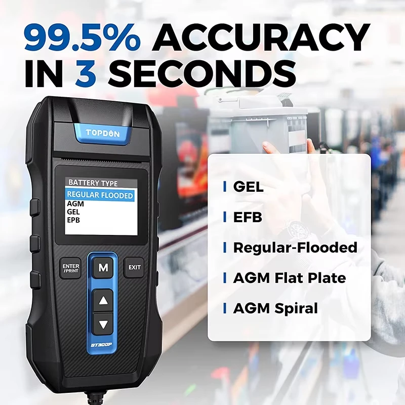 12V Digital Battery Tester with Printer – Automotive Battery Analyzer for Charging & Cranking Tests, 100–2000 CCA 4